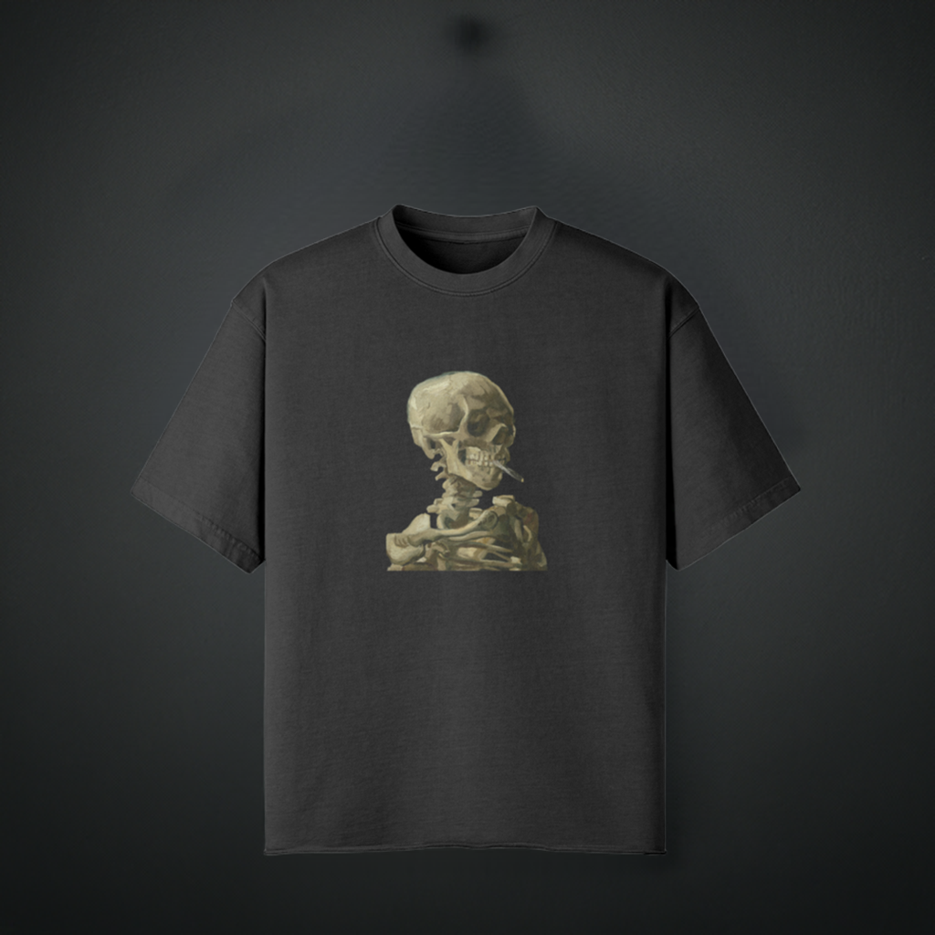 Faded Raw Hem Van Gogh T-Shirt | Skeleton with a Burning Cigarette