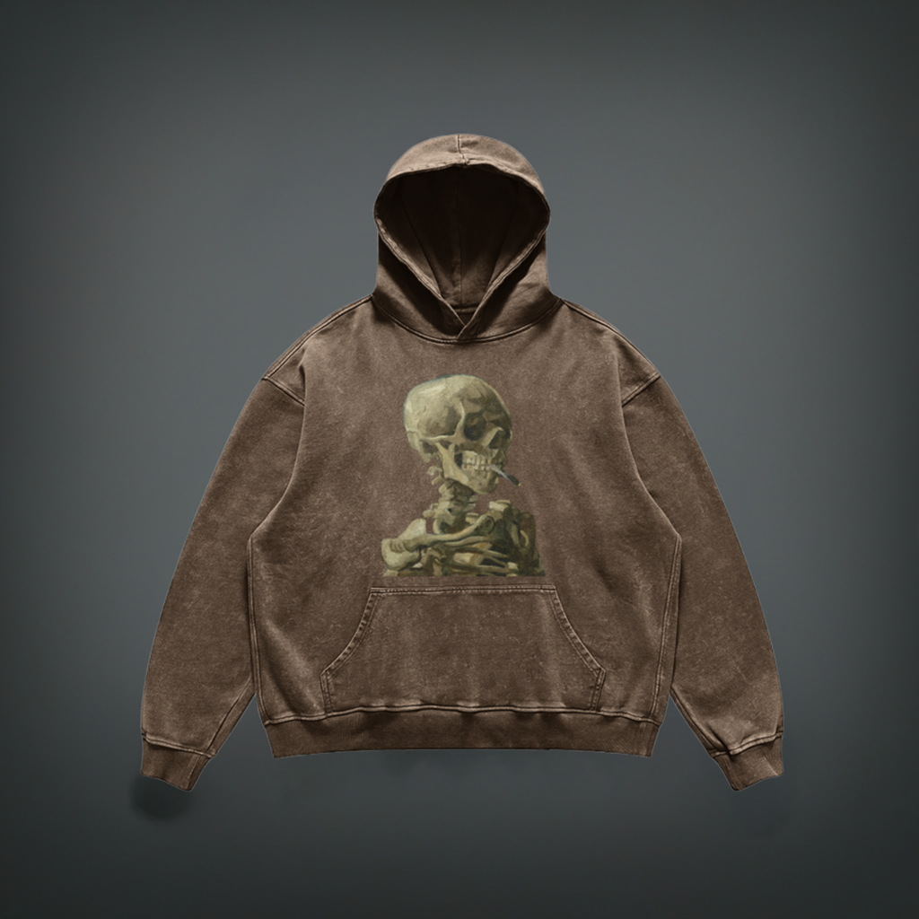 Faded Baggy fit Van Gogh Hoodie | Skeleton with a Burning Cigarette