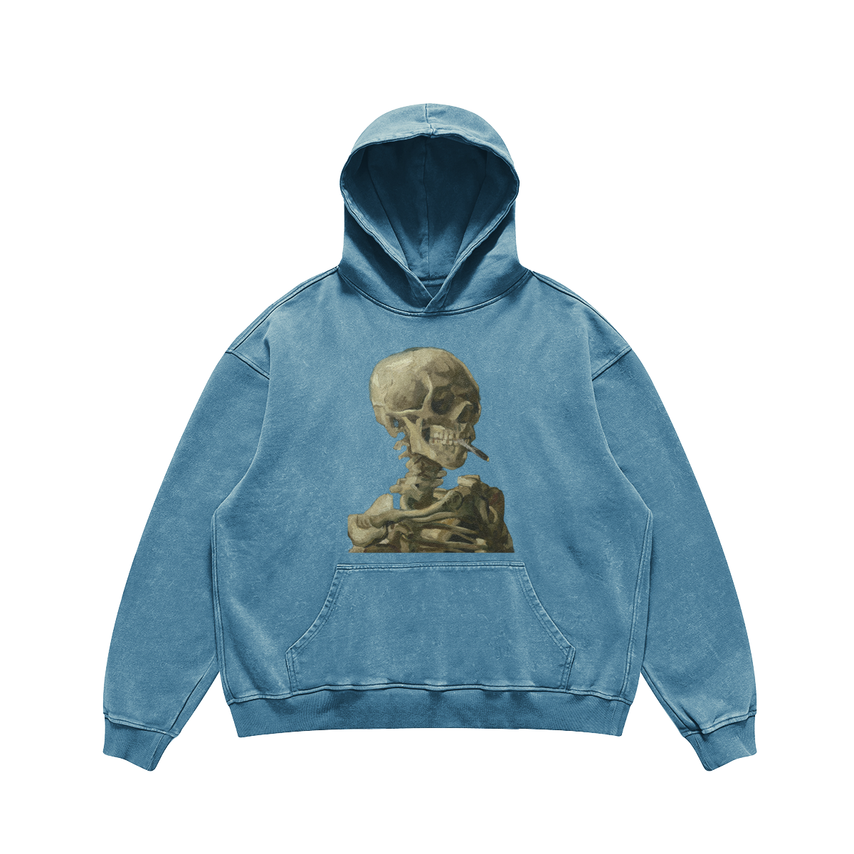 Faded Baggy fit Van Gogh Hoodie | Skeleton with a Burning Cigarette