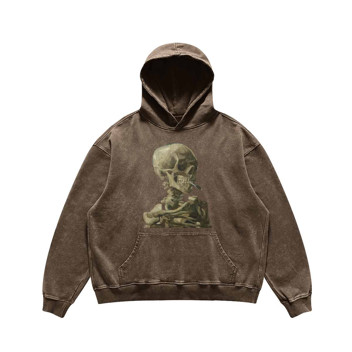 Faded Baggy fit Van Gogh Hoodie | Skeleton with a Burning Cigarette