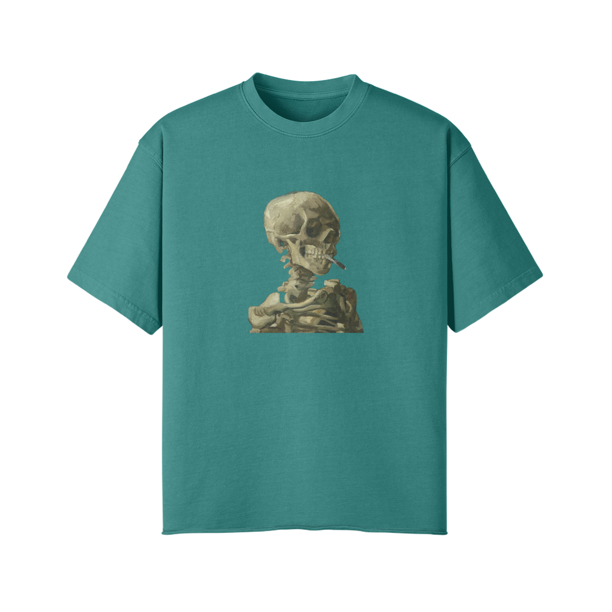 Faded Raw Hem Van Gogh T-Shirt | Skeleton with a Burning Cigarette