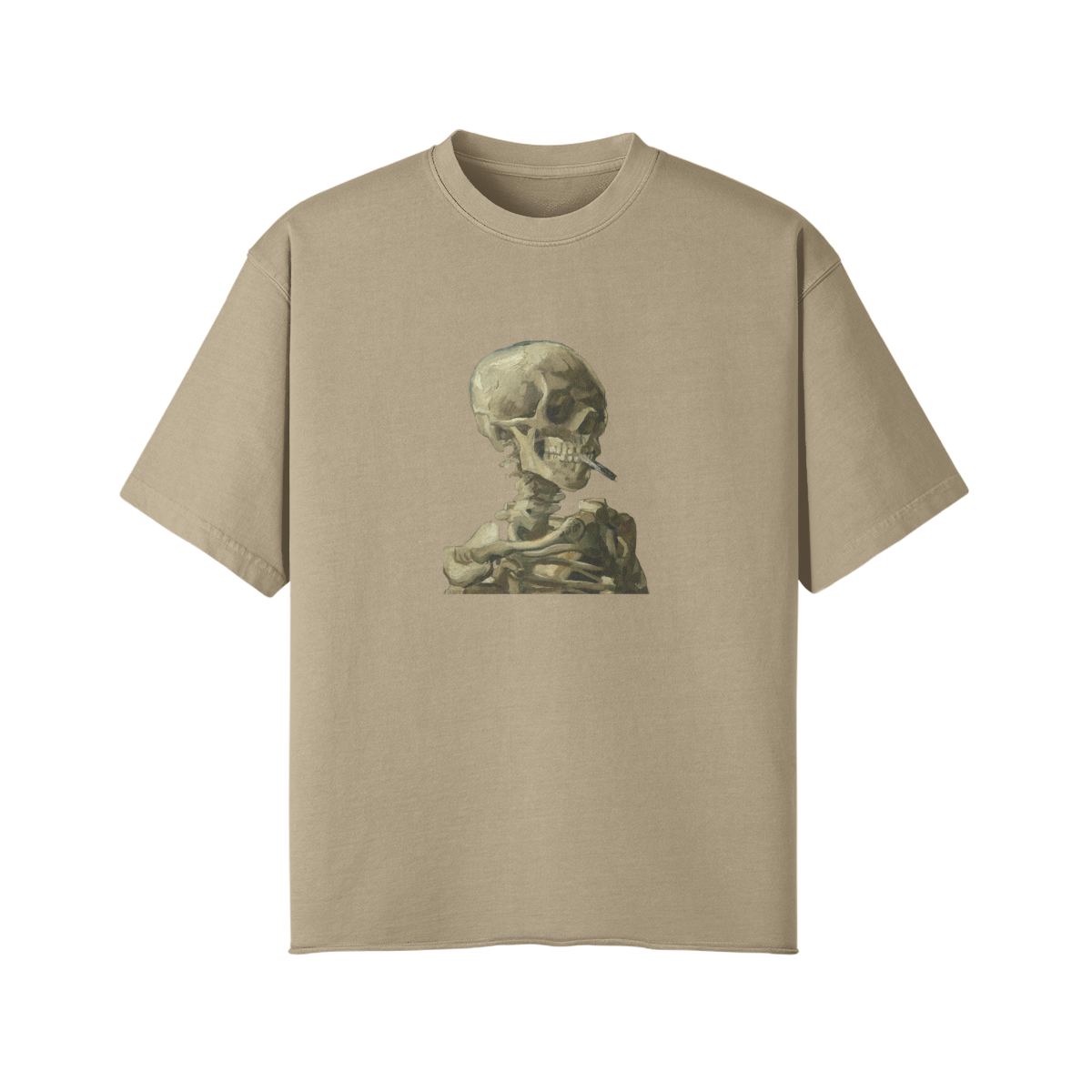 Faded Raw Hem Van Gogh T-Shirt | Skeleton with a Burning Cigarette