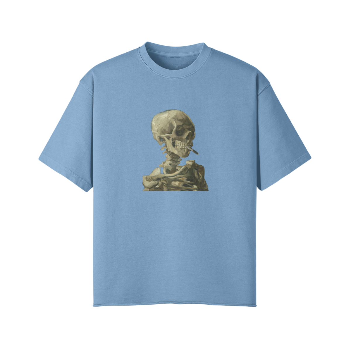 Faded Raw Hem Van Gogh T-Shirt | Skeleton with a Burning Cigarette